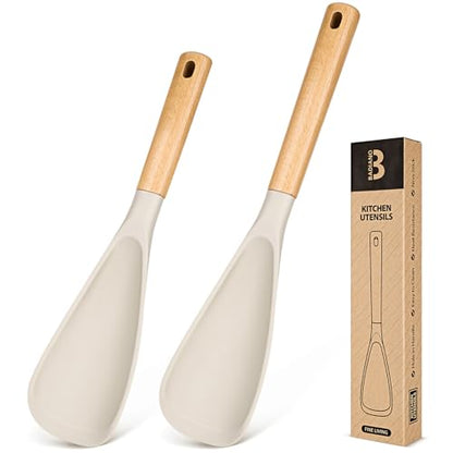 Multifunction Spoon for Nonstick Cookwares, Great for Cooking and Serving, Sturdy BPA-Free Matte Silicone, Wood Handle spoonula for Mixing, Scoop, and Scrape, Khaki(2 pack,11.4" & 13.4") - color: Khaki