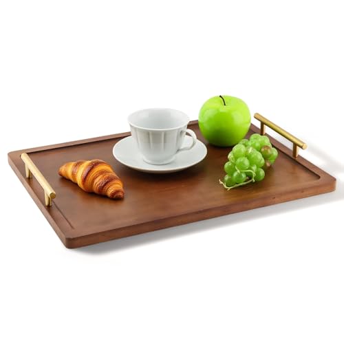 Wood Serving Tray with Metal Handles,Decorative Serving Tray, Food Drinks Tray for Breakfast, Coffee Table, Dinner & Bar, Kitchen, Bedroom (Brown)