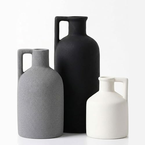 Ceramic Vase Set of 3, Black White and Gray Flower Vases Home Decor, Water-Holding Modern Farmhouse Decorative Vases Centerpiece for Living Room Kitchen Table Shelf Mantel Entryway - color: Black Grey