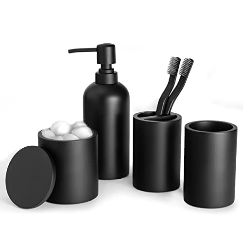 Bathroom Accessory Set - 4 Pcs Matte Black Bathroom Set with Toothbrush Holder, Soap Dispenser, Tumbler & Cotton Swab Jar - Bathroom Vanity Countertop Organizer, Bathroom Decor Sets