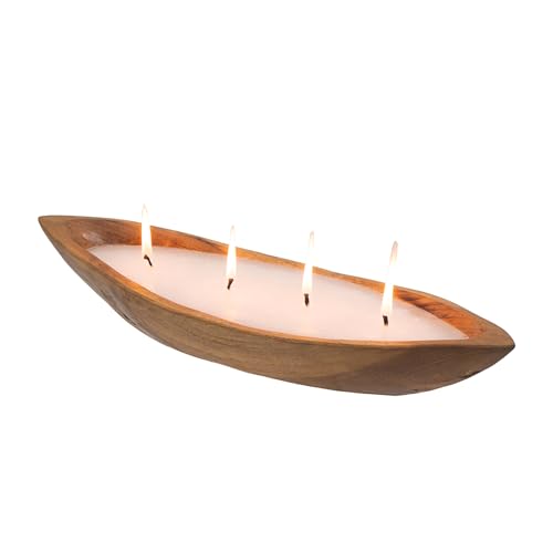4-Wick Soy Wax Candle in Carved Teak Wood - 15.75"
