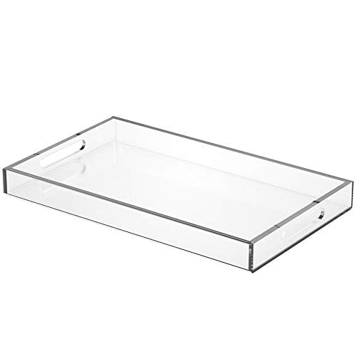 NIUBEE Acrylic Serving Tray 12x20 Inches -Spill Proof- Clear Decorative Tray Organiser for Ottoman Coffee Table Countertop with Handles | Spill-Proof tray for Coffee Table, Ottoman | Decorative Tray for Breakfast in Bed, Drink Serving & Home Organization