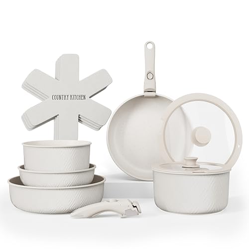 Country Kitchen Cookware Set with Removable Handle, Oven & RV Safe Pots and Pans Set, Cream Rhombus, Original - color: Cream Rhombus, size: Original