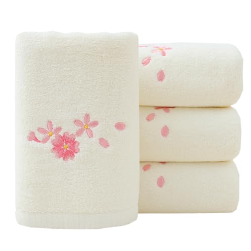 Hand Towels Set of 4 Embroidered Floral Pattern 100% Cotton Absorbent Soft Decorative Towel for Bathroom (Cherry Blossom Ivory) - color: Cherry Blossom 4 Ivory