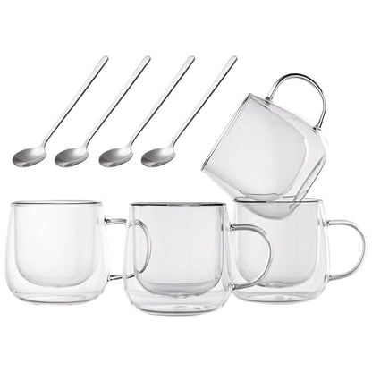Double Wall Glass Coffee Mugs 10 Oz with Handle - Set of 4 | Insulated Clear Espresso Coffee Mug with Handle, Double Walled Coffee Cups for Cappuccino, Latte, Tea, Hot Drinks - color: 4 Packs