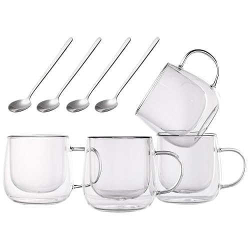 Double Wall Glass Coffee Mugs 10 Oz with Handle - Set of 4 | Insulated Clear Espresso Coffee Mug with Handle, Double Walled Coffee Cups for Cappuccino, Latte, Tea, Hot Drinks - color: 4 Packs