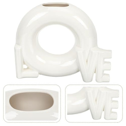 SOLUSTRE Love Shaped Ceramic Flower Vase for Valentine’s Day, Creative Dried Flower Arrangement Container, Glossy Donut Design Home Décor for Dining Table and Living Room