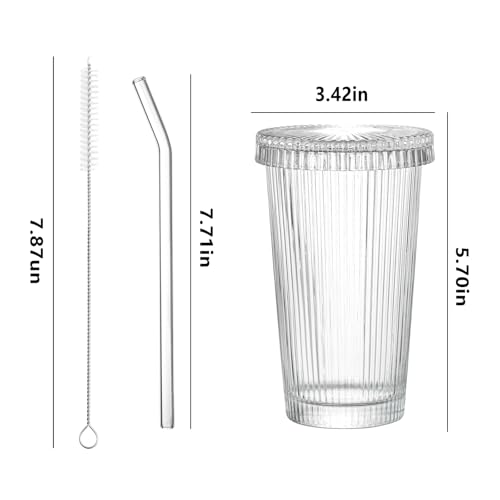 Drinking Glasses Set of 4,Ribbed Cocktail Glasses Set,Origami Style Water Glass Cups with Lids,Straws and 2 Straw Brushes for Iced Coffee, Juice,Smoothie