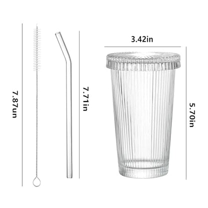 Drinking Glasses Set of 4,Ribbed Cocktail Glasses Set,Origami Style Water Glass Cups with Lids,Straws and 2 Straw Brushes for Iced Coffee, Juice,Smoothie
