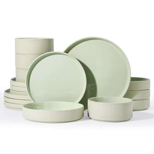 Famiware Star Stoneware Dinnerware Sets with Pasta Bowls, 16pc Dishes for 4 | Ceramic Flat Plates and Double Bowls. Chip & Scratch Resistant. Microwave & Dishwasher Safe, Everyday Dining, Light Green - color: Light Green, size: Service for 4 - Double Bowl