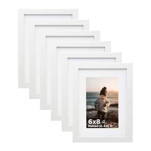 6x8 Picture Frame White Set of 6 Wooden Photo Frames Matted 4x6 | 6 x 8 Picture Frame with Plexiglass Fits 4x6 with Mat or 6x8 without Mat for Table and Wall Display - color: White, size: 6x8