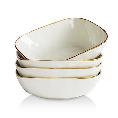 famiware Ocean Pasta Bowls Set of 4, Square 8" Serving Bowl, Vanilla White | Microwave & Dishwasher Safe, Lead-free and Cadmium-free, Stoneware Scratch Resistant Plates Bowls, Serving Bowls - color: Vanilla White