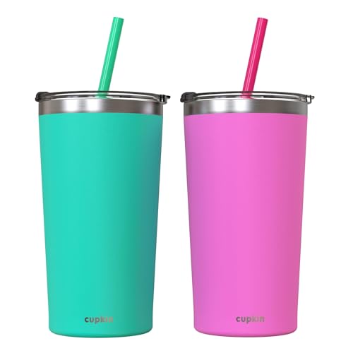 CUPKIN Stainless Steel Insulated Tumbler with Lid and Straw, 20 oz Stainless Steel Cups, Set of 2 Travel Coffee Mug for Adults, Iced Coffee Cup with Lid, Tumbler for Travel (Green + Pink) - color: Green + Pink, size: 20 Fl Oz (Pack of 2)