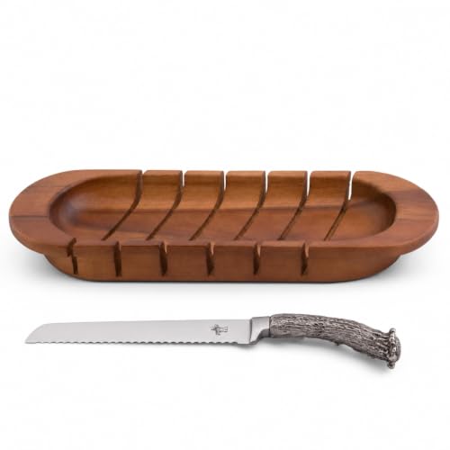 Oval Bread Board with Pewter Antler Knife - Rustic Lodge Style Cutting Board for Serving Bakery Loaves - 14.25" L x 5.25" W