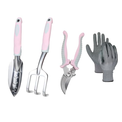 Pink Garden Tool Sets 4-Piece, Aluminum Gardening Hand Tool Kit | Transplant Trowel, Hand Rake, Curved Pruner with Ergonomic Handle, Garden Gloves, Gardening Gift for Mom Women Plant Lover - color: pink-4pcs
