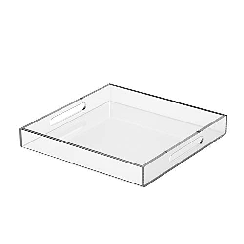 NIUBEE Clear Serving Tray 15x15 Inches - Acrylic Tray Organizer with Handle | Spill-Proof tray for Coffee Table, Ottoman | Decorative Tray for Breakfast in Bed, Drink Serving & Home Organization - color: Clear, size: 15" x 15" x 2"