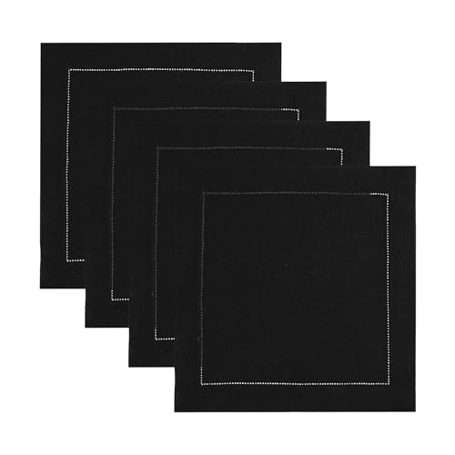 Solino Home 100% Pure Linen Placemats Black Hemstitch, 14 x 14 in, Set of 4 | Classic Hemstitch Square Table Mats square settings for daily dining, hand hemstitched borders, OEKO-TEX Certified, easy care - color: 06: Black, size: 14" X 14" (Set of 4)