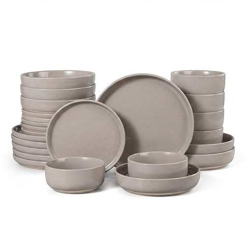 HaWare 24-Piece Plates and Bowls Set for 6, Stoneware Dinnerware Sets with Pasta Bowl, Dishes Set for Home Restaurant, Speckled Cream Coffee - color: Speckled Cream Coffee, size: 24pcs(with Pasta Bowls) for 6
