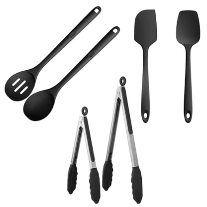U-Taste 600ºF Silicone Spoon Set 13.3in Solid Slotted 2PCS & Spatula Set Heat Resistant & 600ºF Tongs Set 9 12inch Nonstick Stainless Handle(Black)