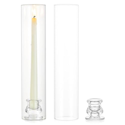 Hurricane Glass Candle Holders: 12" Tall Cylinder Cover Set of 2 | for 0.87" Taper, Windproof Chimney Cover, Clear Candlestick Holder for Wedding Table Centerpiece, Party, Birthday, Christmas - size: 12" H - 2 Pcs