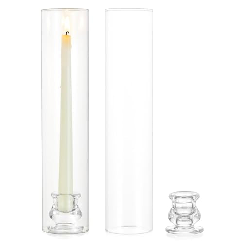 Hurricane Glass Candle Holders: 12" Tall Cylinder Cover Set of 2 | for 0.87" Taper, Windproof Chimney Cover, Clear Candlestick Holder for Wedding Table Centerpiece, Party, Birthday, Christmas - size: 12" H - 2 Pcs