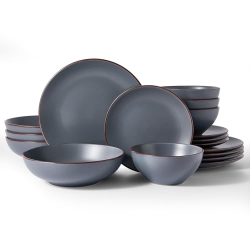 Famiware Venus Stoneware Dinnerware Sets with Pasta Bowls, Dishes Set for 4 | 16 pcs Ceramic Plates and Bowls with Rim, Chip‑Resistant, Everyday & Formal Use, Microwave & Dishwasher Safe, Matte Charcoal - color: Charcoal, size: Serves 4 (16pc w/ Pasta Bow