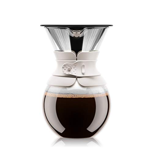 Bodum 34 oz Pour Over Coffee Maker, High-Heat Borosilicate Glass with Reusable Stainless Steel Filter and White Band - Made in Portugal - color: White, size: 34oz
