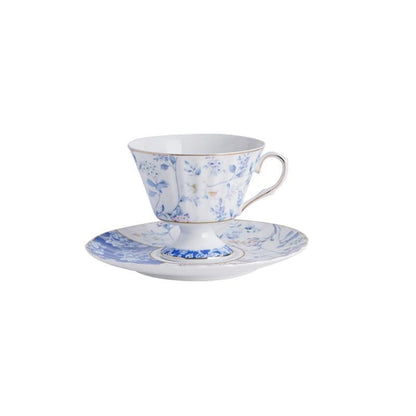 Ceramic Tea Cup & Saucer Set, 170 mL (5.7 fl oz) Coffee Mug with Blue and White Rose Pattern, Vintage Floral Design with Gold Rim, Office and Home Drinkware with Gift Box, Elegant Presentation