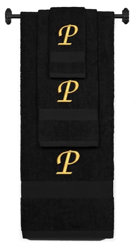 Monogrammed Bath, Hand, Washcloth Cotton Towel Set, Personalized Gift 3Pc-P - color: Black & Gold, size: Initial P