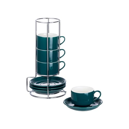 2.5oz Espresso Cups Set of 4, Small Stackable Coffee Cups with Saucers and Metal Stand, Ceramic Demitasse Cups, Cappuccino Cups for Coffee Drinks, Latte, Green - color: Green, size: 2.5oz