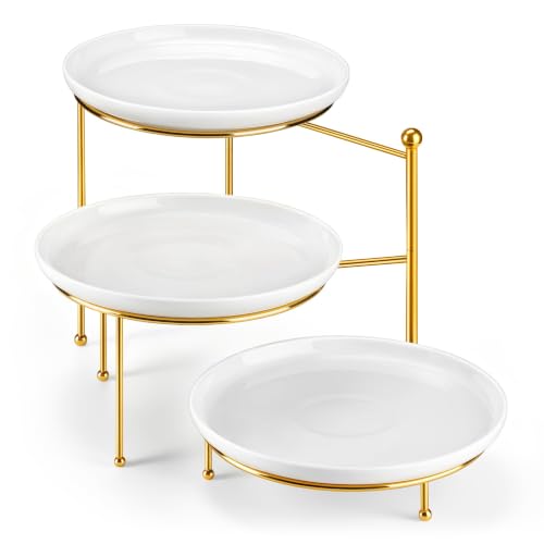 MALACASA Round 3 Tier Serving Tray, 10 Inch White Porcelain Dessert Stand | Round White Porcelain Trays with Gold Metal Rack for Cupcakes, Cakes, Fruit and Appetizers, Dishwasher Safe for All Occasions - color: White Gold