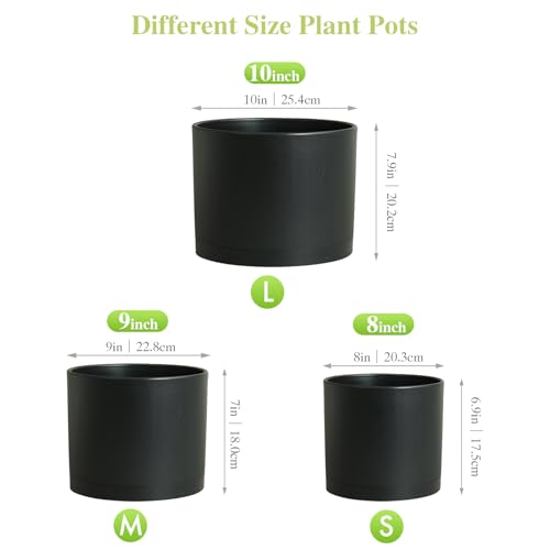 Large Plant Pots Set of 3 – 8", 9", 10" Indoor Flower Pots with Drainage Holes and Saucers, Big Planters for Monstera, Fiddle Leaf Fig, Snake Plant – 5 Colors - color: Black