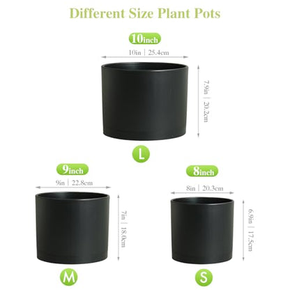 Large Plant Pots Set of 3 – 8", 9", 10" Indoor Flower Pots with Drainage Holes and Saucers, Big Planters for Monstera, Fiddle Leaf Fig, Snake Plant – 5 Colors - color: Black