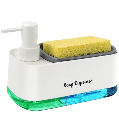 Kitchen Dish Soap Dispenser Set，Dish and Hand Soap Dispenser with Sponge Holder, 3-in-1 Countertop Sponge Dual Soap Pump Dispenser for Kitchen Sink - White
