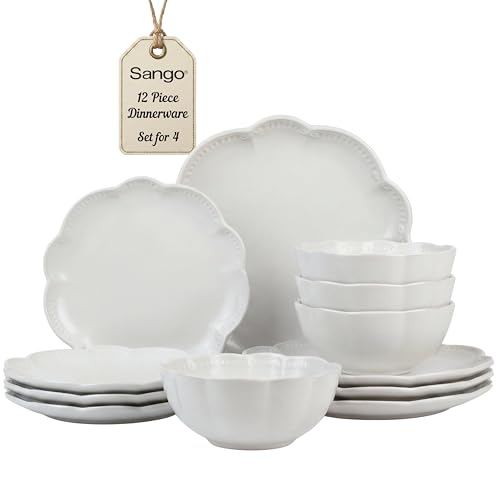 Sango Bethany 12 Pieces Scalloped White Plates & Bowls Set - color: White, size: 12-Piece Set
