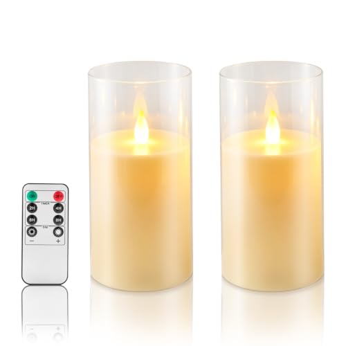 Flameless Candles with Remote, Set of 2 LED Pillar Candles (3" D x 6" H), Realistic Climbing Flame Battery Powered Candles for Home Wedding Christmas (Clear Shell Ivory) - color: White, size: 2 Pack (3" x 6"）