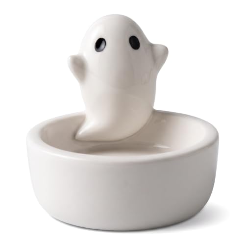 Ceramic Ghost Tealight Candle Holder, Cute Spooky Room Decor for Desk and Nightstand, Kawaii Witchy Aesthetic Small Votive Stand