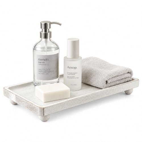 Pine Wood Bathroom Tray for Kitchen Counter, Sink, Vanity, Whitewash | Raised ball feet, Rounded edge, Waterproof bathroom decorations, Wooden Soap Dish Tray, Ideal for candle holder - color: Whitewash