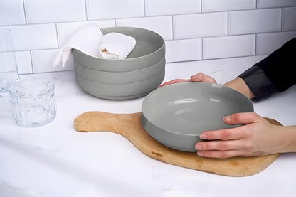KooK Ceramic Large Pasta Bowls, Microwave and Dishwasher Safe, Great for Soups and Salads, Shallow Serving Bowls, Glossy Porcelain, 47 oz, Set of 4, Powder Grey - color: Powder Grey