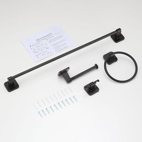 4 Pieces Bathroom Hardware Set, 24 inch Towel Bar, Towel Racks, Robe Towel Hooks, Toilet Paper Holder Wall Mounted Or Self-Adhesive,Stainless Steel and Plastic Bathroom Accessories Kit(Gray) - color: Gray