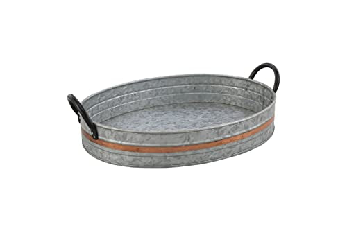 Galvanized Metal Serving Trays Iron Black Handles, Farmhouse Tray with Copper Strip, Decorative Centerpiece for Coffee Table or Dining Table, Rustic Utility Trays for All Purpose, Oval Trays. - size: 18" x 11" x 3.5"