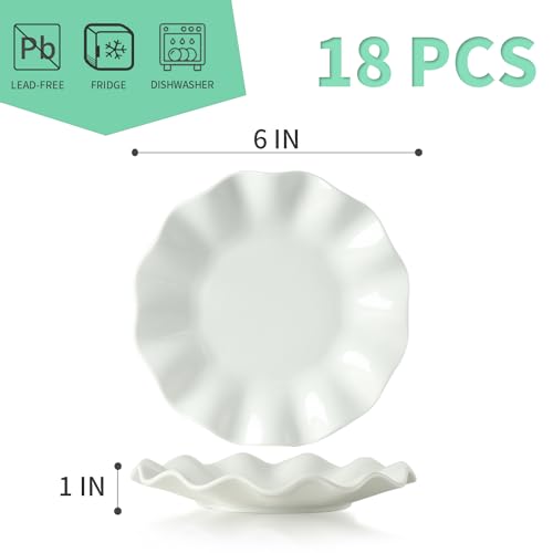 6 Inch Ceramic Small Dessert Plates, White Appetizer Plate Set, 18 Packs | Salad Dishes, Wave Rim, for Cake Waffles Snacks Side Dish, Oven Microwave Dishwasher Safe, Stackable - style: Round Wave