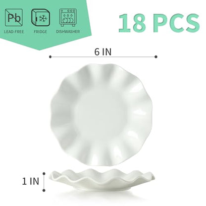6 Inch Ceramic Small Dessert Plates, White Appetizer Plate Set, 18 Packs | Salad Dishes, Wave Rim, for Cake Waffles Snacks Side Dish, Oven Microwave Dishwasher Safe, Stackable - style: Round Wave
