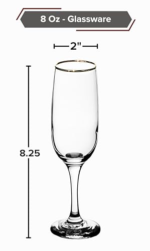 Elegant Flute Stemware, 8 Ounce - Set of 12, Champagne Glass with Gold Rim - Crystal Clear Drinking Glass for Red Wine, Cocktails and Other Beverages - For Home and Bar