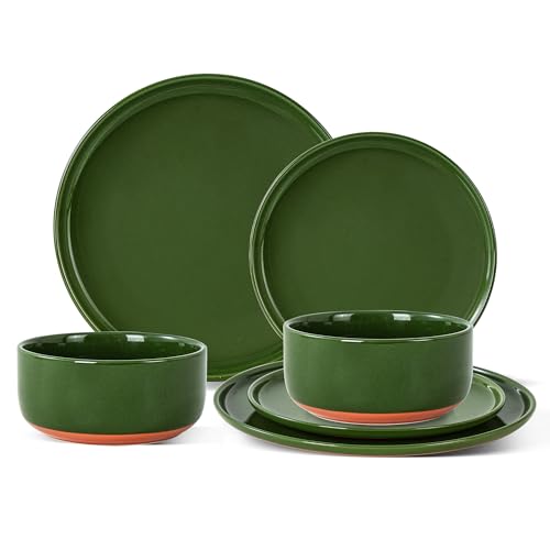 6 Piece Ceramic Plates and Bowls Sets for 2, Elegant Green | Stoneware Dinnerware Set, Dishwasher & Microwave Safe, Handcrafted, Perfect for Family and Gatherings - color: Green, size: Service for 2(6PCS)