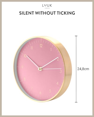 Modern Silent Quartz Wall Clock, 10in, Pink & Gold | Simple & Trendy, Gifting ideas, Analog, Easy-to-read, Battery operated, Wall mount, Mantel display, Bedroom, Bathroom - color: Rose, 10"