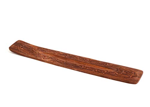 Incense Garden Wood Incense Holder - Carved Wooden Ash Catcher - Hand Stained - 10 inches Long (Brown)