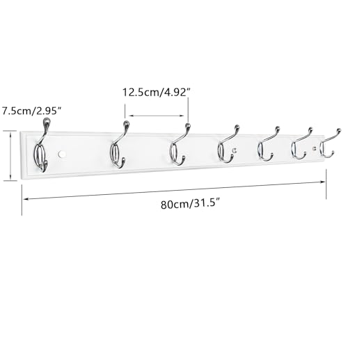 Wood Wall Mounted Coat Rack 32 inch (80cm) with 7 Silver Hooks, Lang Wooden White Wall Coat Hook Rack for Entrance, Hallway, Bedroom, White Wall Clothes Hanger - size: Long-31.5in(80cm),7 Silver Hooks, style: Modern