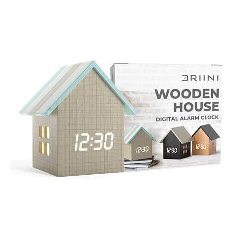 Driini Digital House Shaped Alarm Clock with Temperature Display (Stripe Wood) – Modern Aesthetic - Cute Cube Frame and White LED Dimmer - Perfect Small Desk Clock for Bedside Table or Bedroom Mantle - color: Textured Wood; Striped Roof, size: Small