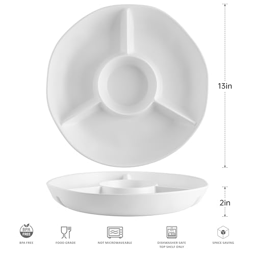 White Chip and Dip Serving Set, Divided Serving Platter Set, 4 Section Appetizers and Cheeses Serving Tray, Compartment Dishes for Party, Christmas, Dessert, Fruit, Candy, 13-inch, Set of 2 - color: White Round Divided Tray
